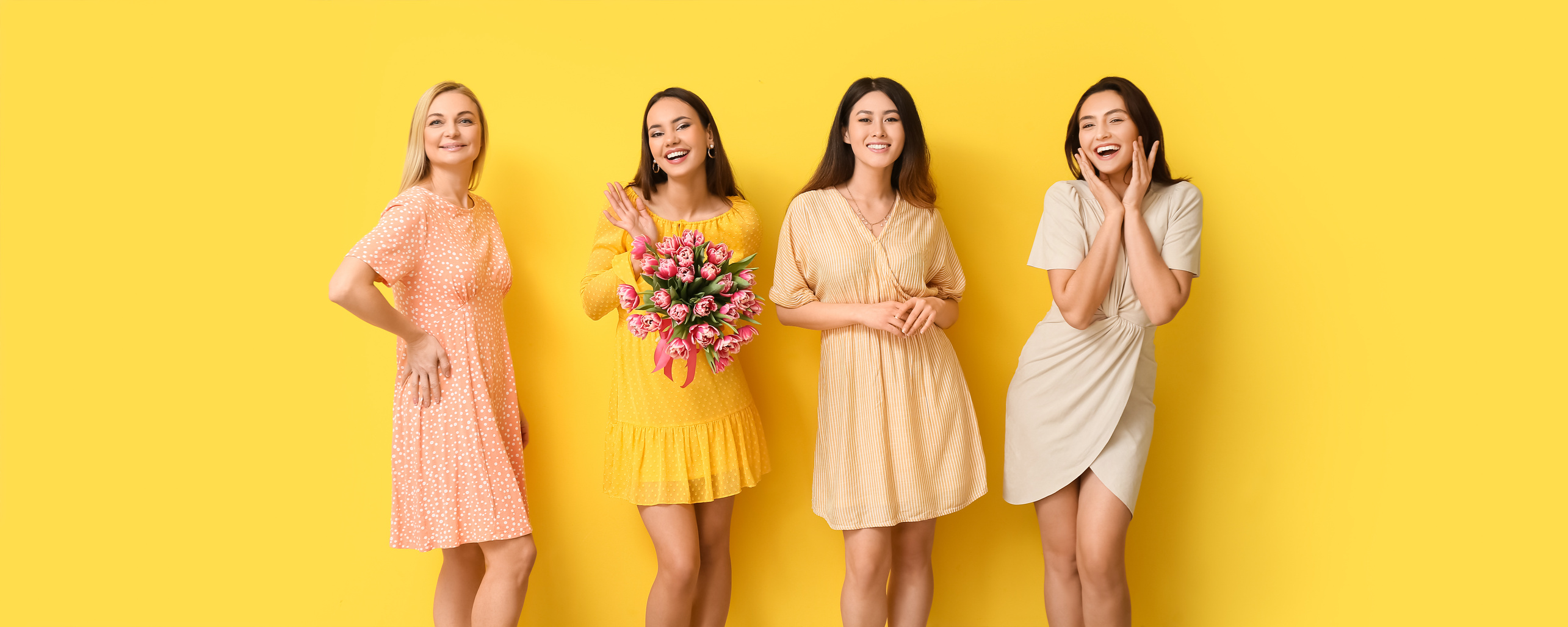 Beautiful Women with Bouquet of Flowers on Yellow Background. International Women's Day
